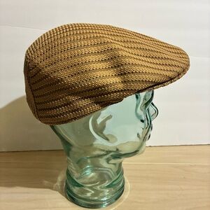 Vntg Kingsaur Hat Woven Tan Newsboy Cabbie Flat Cap Casual Golf One Size Stretch